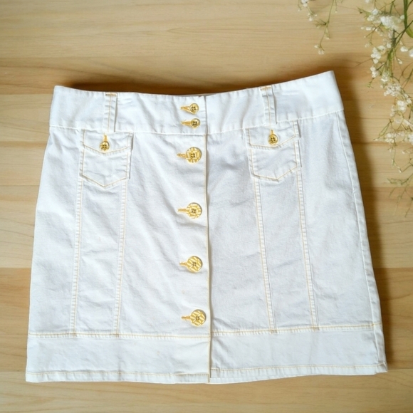 L.L.Bean White Denim Canvas A-Line Contrast Stitching Button-Front Mini Skirt 16 - Picture 1 of 13